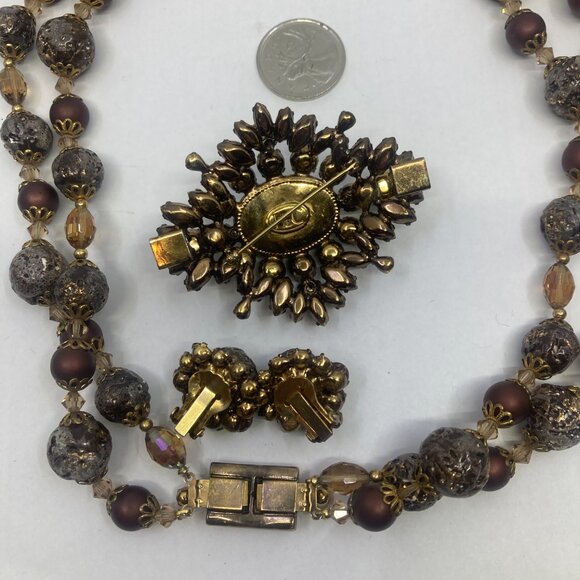 Vtg RARE LeC BOUCHER lava beads crystal earrings brooch necklace set - Picture 3 of 4